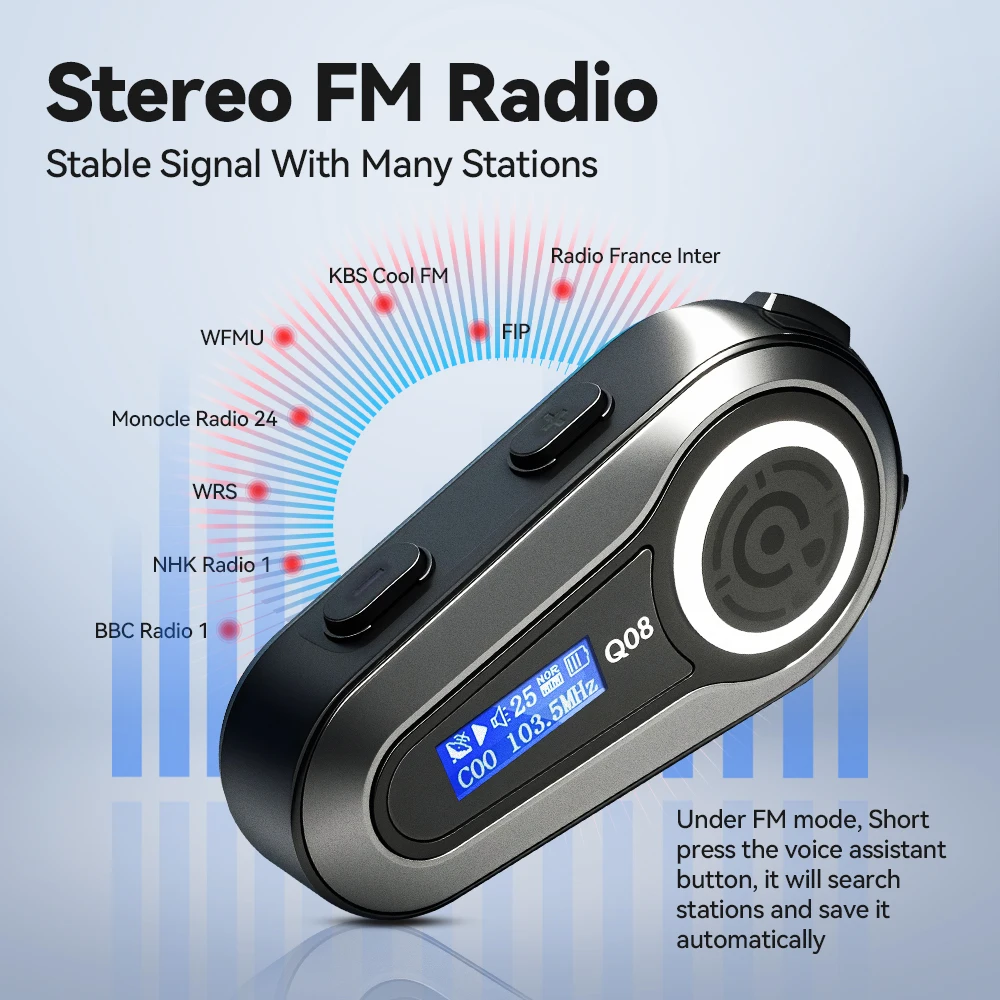 NOYAFA Q08 auriculares para casco de motocicleta efecto de sonido EQ pantalla LCD HD IPX6 impermeable estéreo Radio FM auriculares Bluetooth