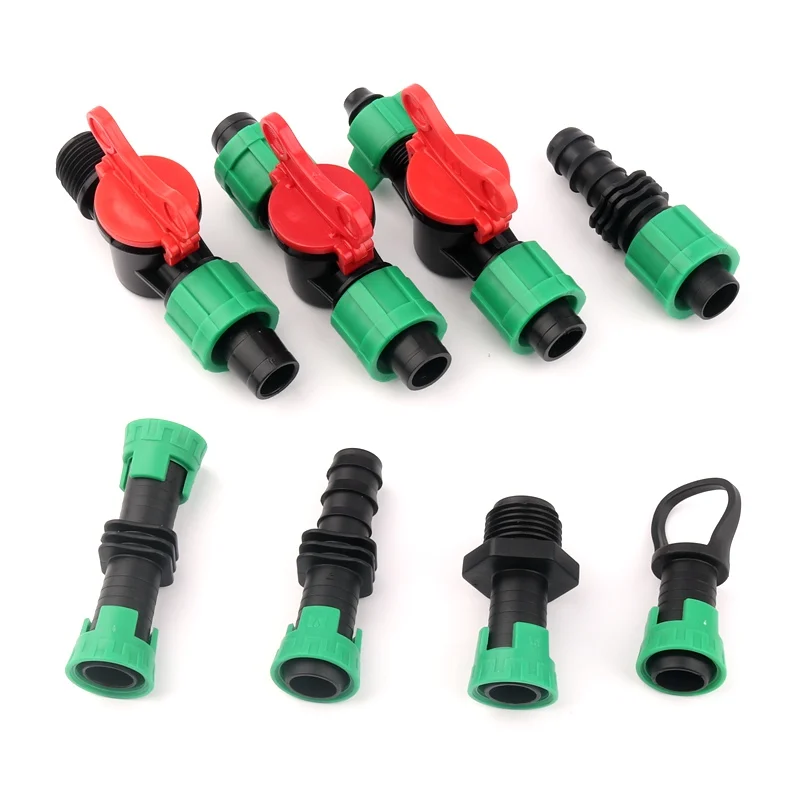 5Pcs/Lot 16mm Micro Irrigation Drip Tape ConnectorsThread Locked Shut-Off Valve Elbow Tee Agricultural Drip Irrigation Fittings