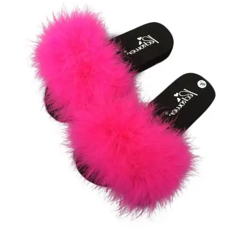 Summer Slides Sandals Fashion Ostrich Feathers Slippers Beach Sweet Pantufa 2021 Fur Flip Flops Casual Flats Shoes Woman Soft