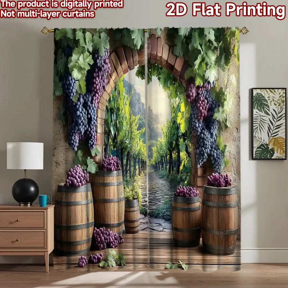 2D flat 2pcs Curtain Home Short Curtains Vineyard Grape Archway Digitally printed polyester, colorfast Holiday Decorations