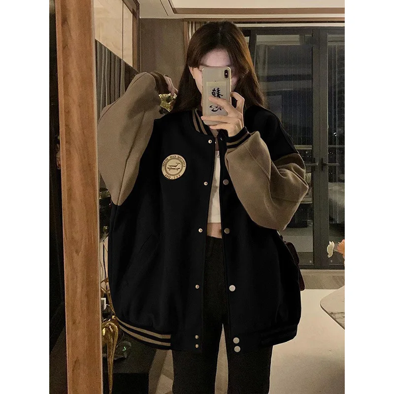 Lazy style embroidered American retro baseball jacket for women\'s spring and autumn loose couple baseball jacket