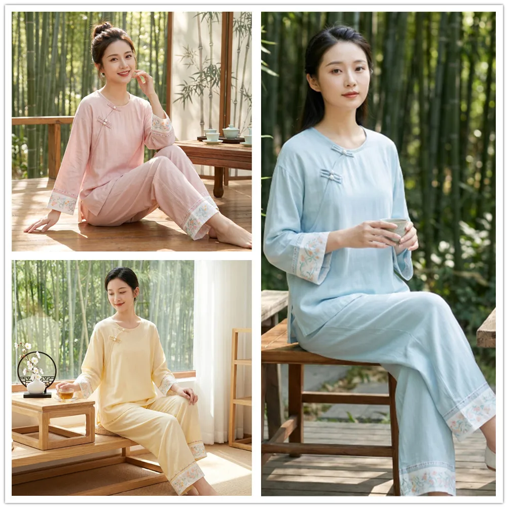 Summer Embroidery Women's Pajama Set Cotton Chinese style Round Neck Pullover Pants Loose Home Clothes