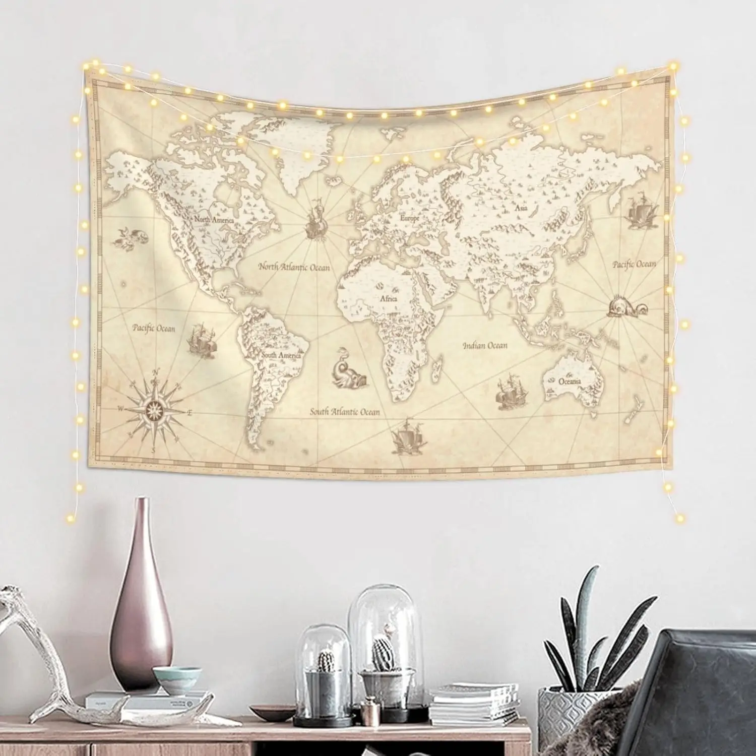 Vintage World Map Tapestry Wall Decor Vintage Map Scroll Poster for Living Room Bedroom Bathroom Home Decoration