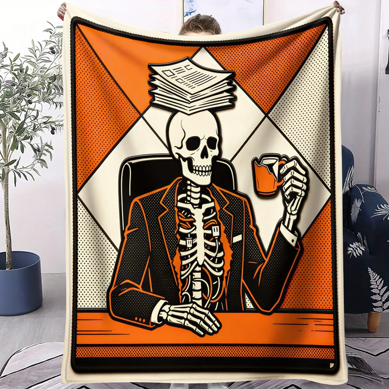 Gothic Office Skeleton Flannel Blanket Cartoon Skull Worker Print Throw Blanket Fashion Warm Blankets Sofa Bed Home Decor Gift