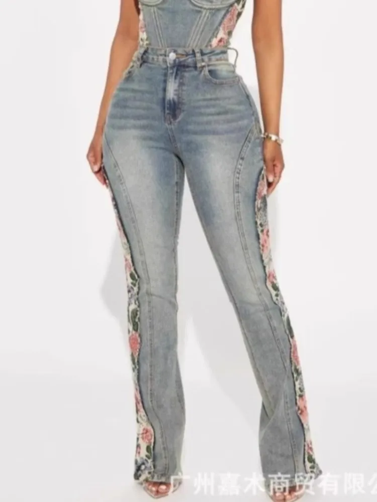2026 Vintage Flared Pants Pant Street Wind Jean Jeans For Woman Casual Hot Girl Style Slim Floral Print Patchwork Trendy Fashion