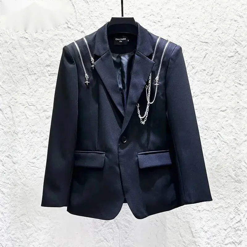 New Personalized Metal Chain Decorative Design Men's Suit Jacket Fashion Casual Versatile Blazer 2026 Autumn New FRV3