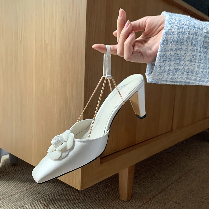 Women Satin Slingback Pumps Square Toe 3D Floral Decor Chain Ankle Strap Block Heel Wedding Dress Shoes