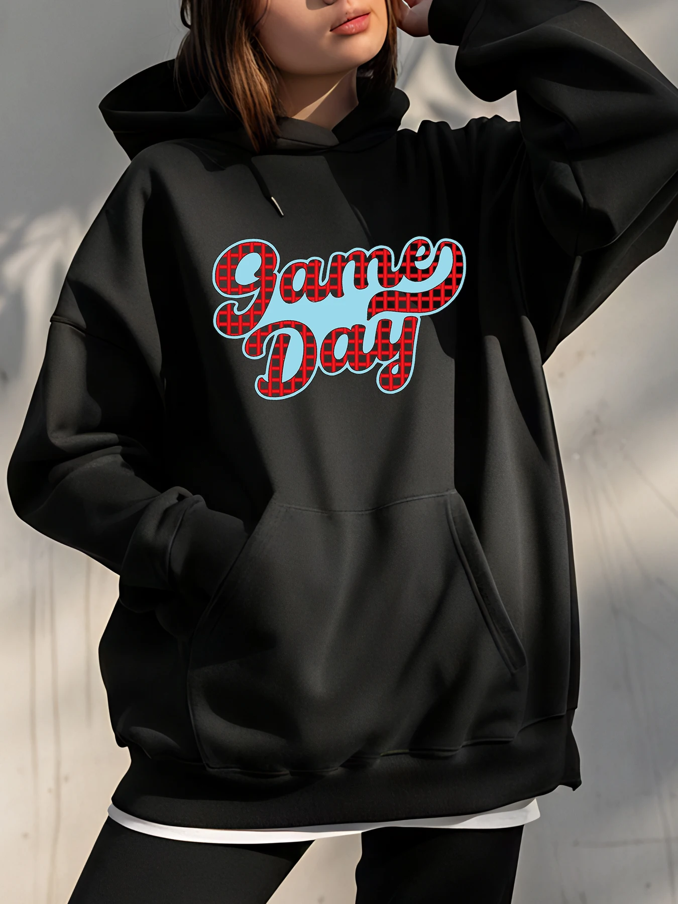 

Game Day Hoodie Red Plaid Print Women's Casual Sweatshirt Sport Wear Fashion Outfit for Girls and Ladies