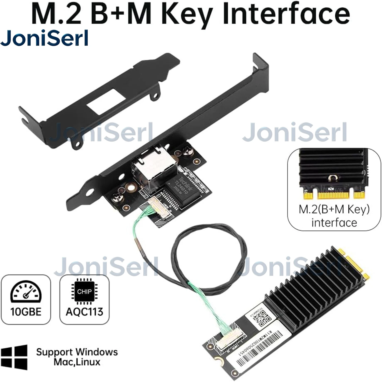JonISerl AQC113 10G Ethernet NIC, M.2 B+M Network Adapter with RJ45 10Gbe Port, Downward Compatible 5G/2.5G/1G