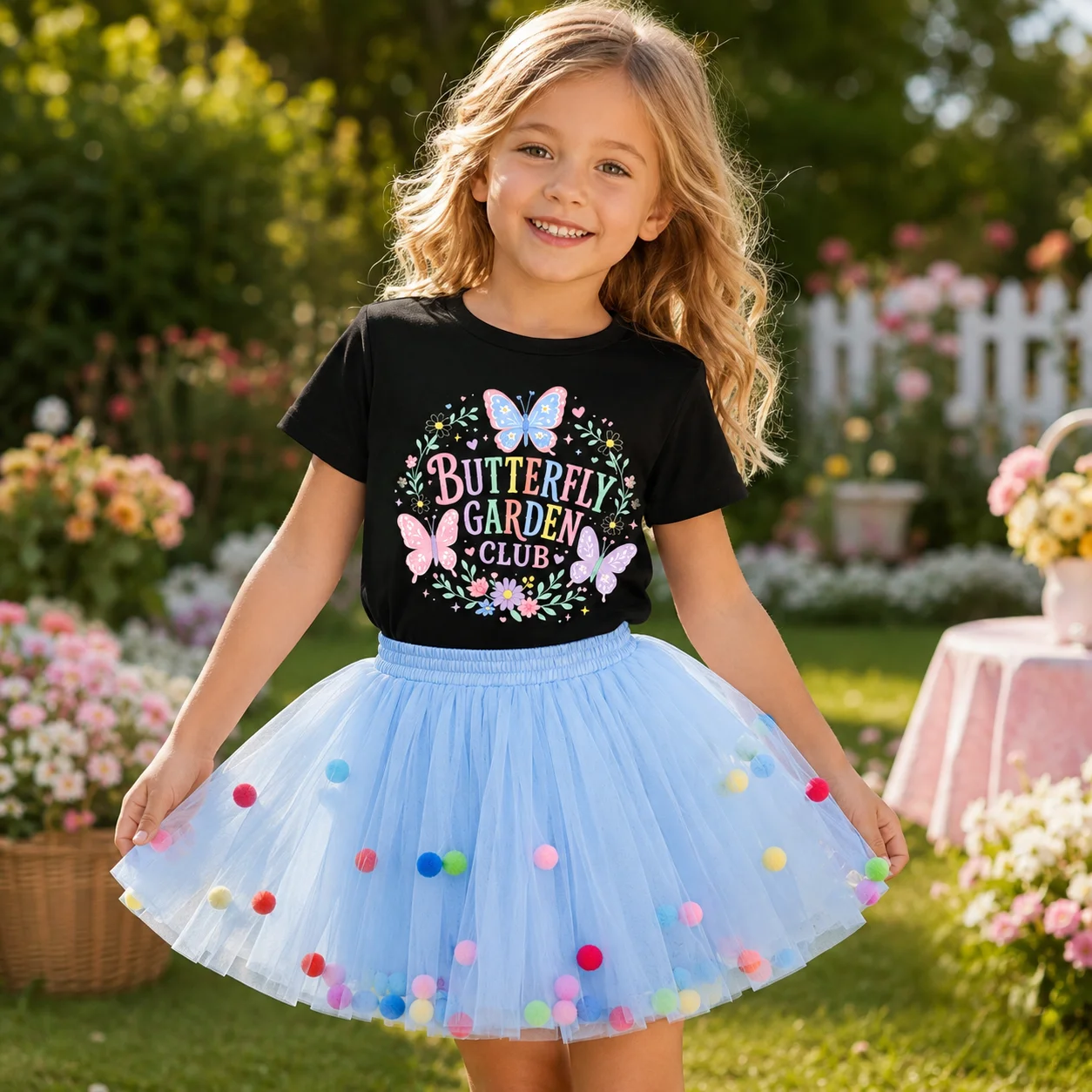 Girls 2Pcs Summer Outfit Butterfly Garden Club Print Short Sleeve T-shirt Color Pom Pom Blue Tulle Tutu Skirt Kids Princess Birt