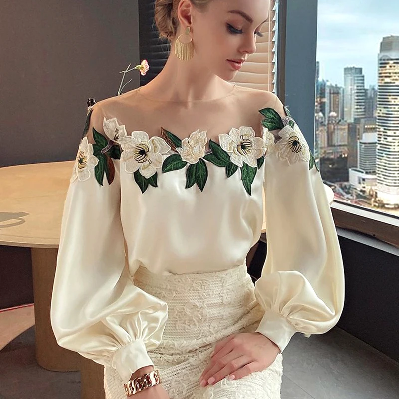 Vintage Embroidered Shirt Elegant Mesh Patchwork Satin Blouse O-neck Tops Spring Autumn Long Lantern Sleeve Women Clothes 24976