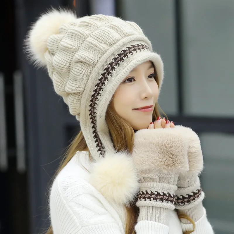 Winter Knitted Beanie With Big Faux Fur Pom Pom Thermal Fleece Lined Ear Flap Hat For Women Skiing Snowboarding Outdoor