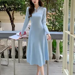 Chinese Style Slim Dresses Autumn Winter Stand Collar Stylish Button Female Clothing Solid Color A-Line Long Sleeve Midi Dress