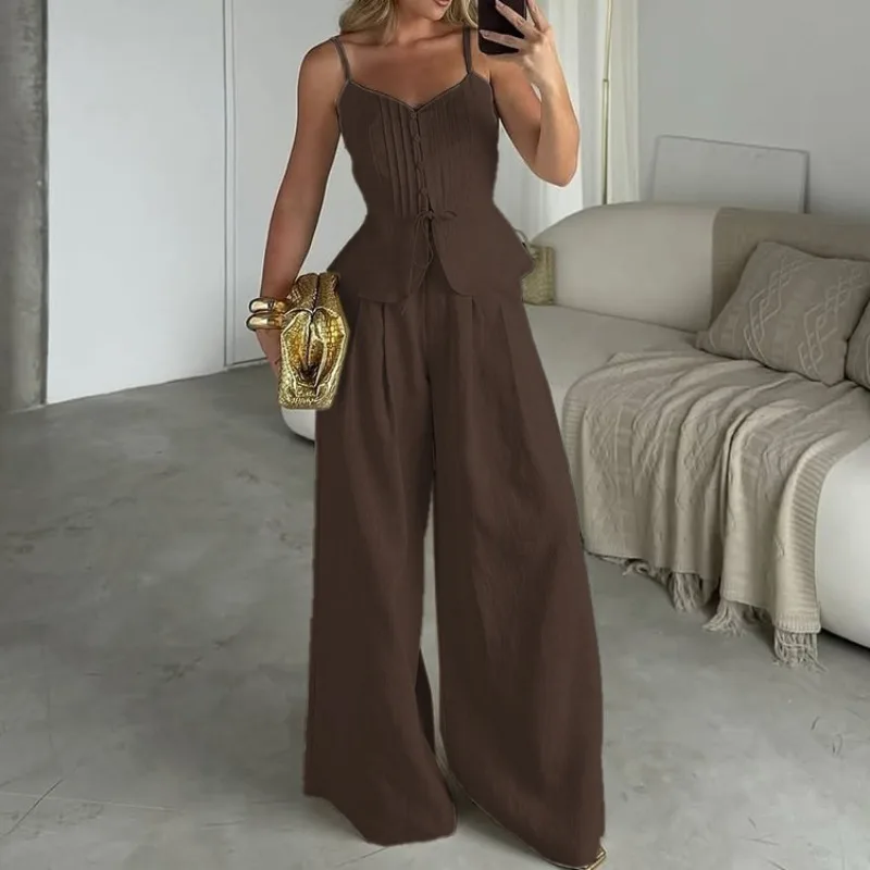 Y2K Damen Sommer 2-Teiliges Set Elegantes Knopf-Oberteil mit Kordelzug und Schößchen, Weite Hose, Urlaubs- und Strandoutfit – Detail 25