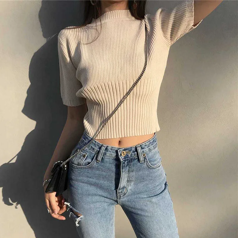 Lucyever Summer Short Sleeve Sweater for Women Korean Slim Fit High Elasticity Cropped Knitwear Tee Solid O-Neck Knitted T-Shirt