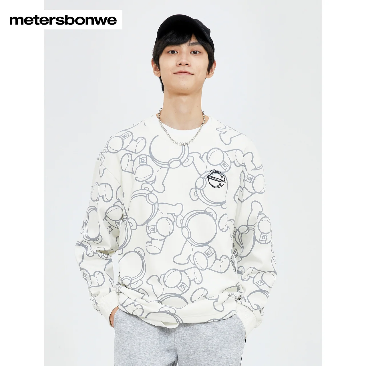 Metersbonwe-Men's Classic Round Neck Fleece Thick Pullover Full Cartoon Print Hoodie Youth Casual Stylish Winter Autumn