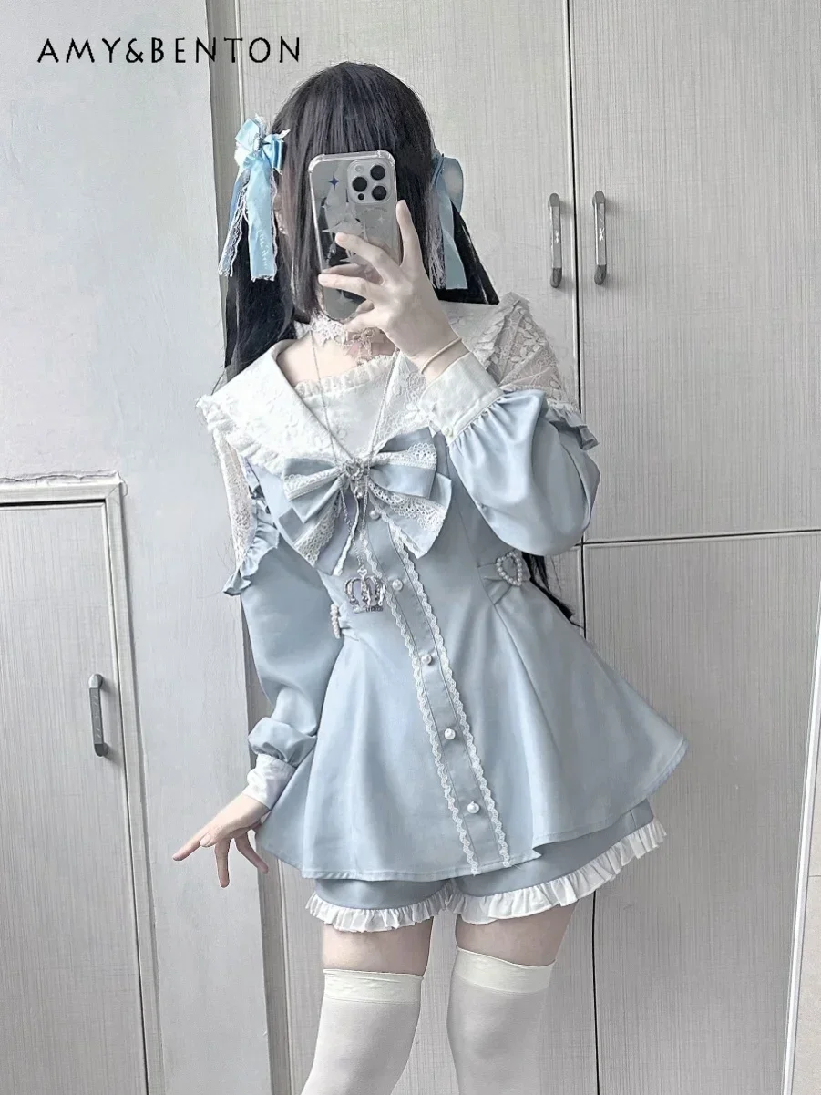 Mine Mass-Produced Skirt Suit Sweet Cute Sailor Collar Patchwork Slim Long Sleeve Dress Shorts Two Piece Sets Womens Outifits