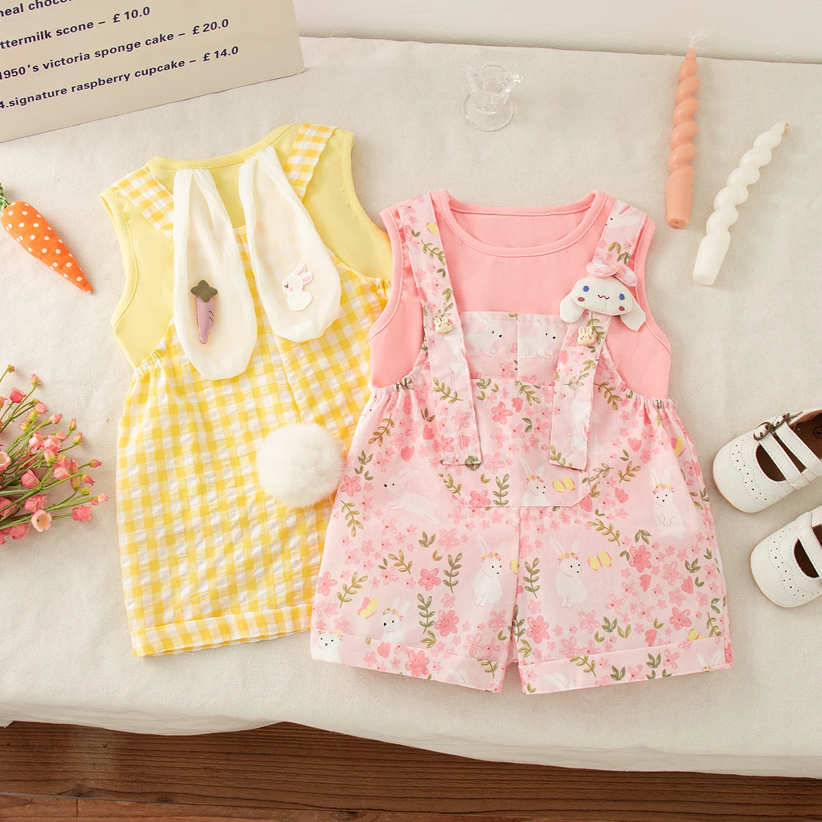 Baby Girl Set Cute Rabbit Ear Tops with Yellow Checker Shoulder Strap Shorts Suit 2 Piece Summer Casual Outdoor Costume for Girl