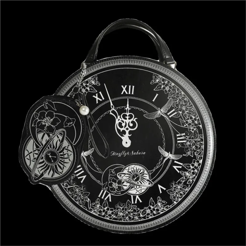JIAERDI Retro Harajuku Clock Design Handbag Women Chain Lolita Print Round Shoulder Bags Ladies Large Capacity Uniform Backpack