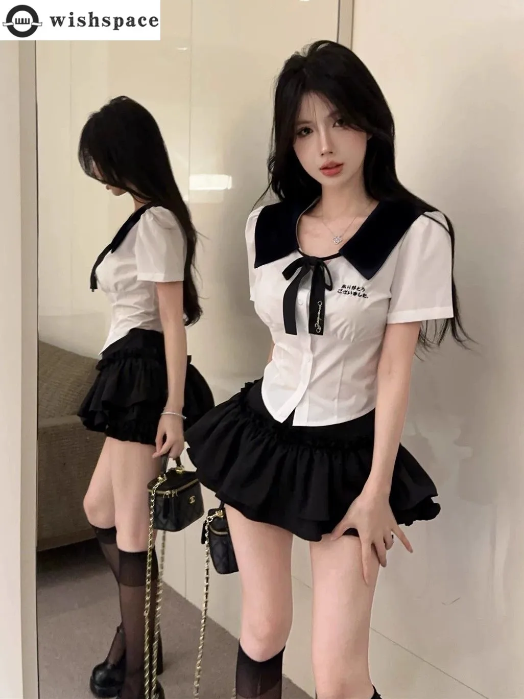 Summer College Style Bow Tie Waist Cinched Shirt Paired with Versatile High Waisted Fluffy Short Skirt Two-piece Set Trendy