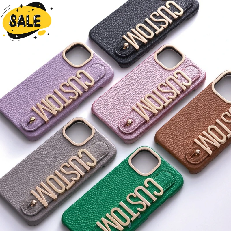 

Metal Gold Letters Leather Wristband Custom Name Phone Case for IPhone 14 13 12 Pro Max Personalized Protector Cover