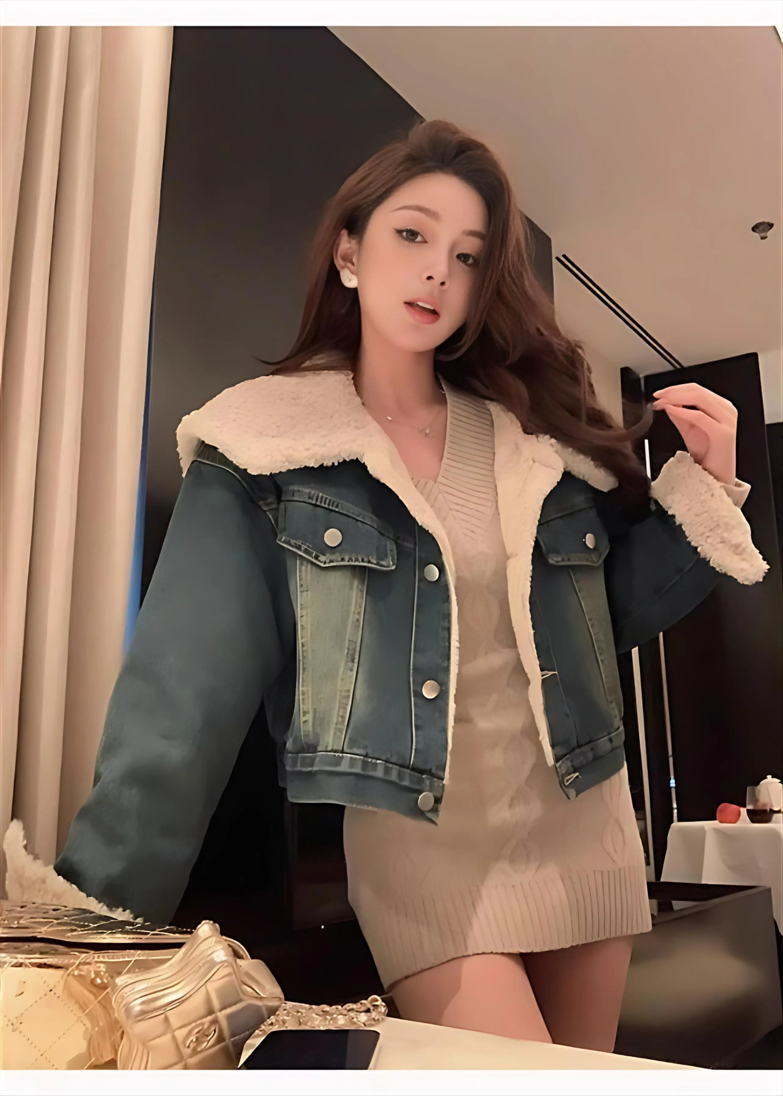 

Denim Coats For Woman Lapel Long Pink Sleeve Jackets Female Fur Plush Womens Winter Slim-Fit Double-Sided Workwear Urban Travel