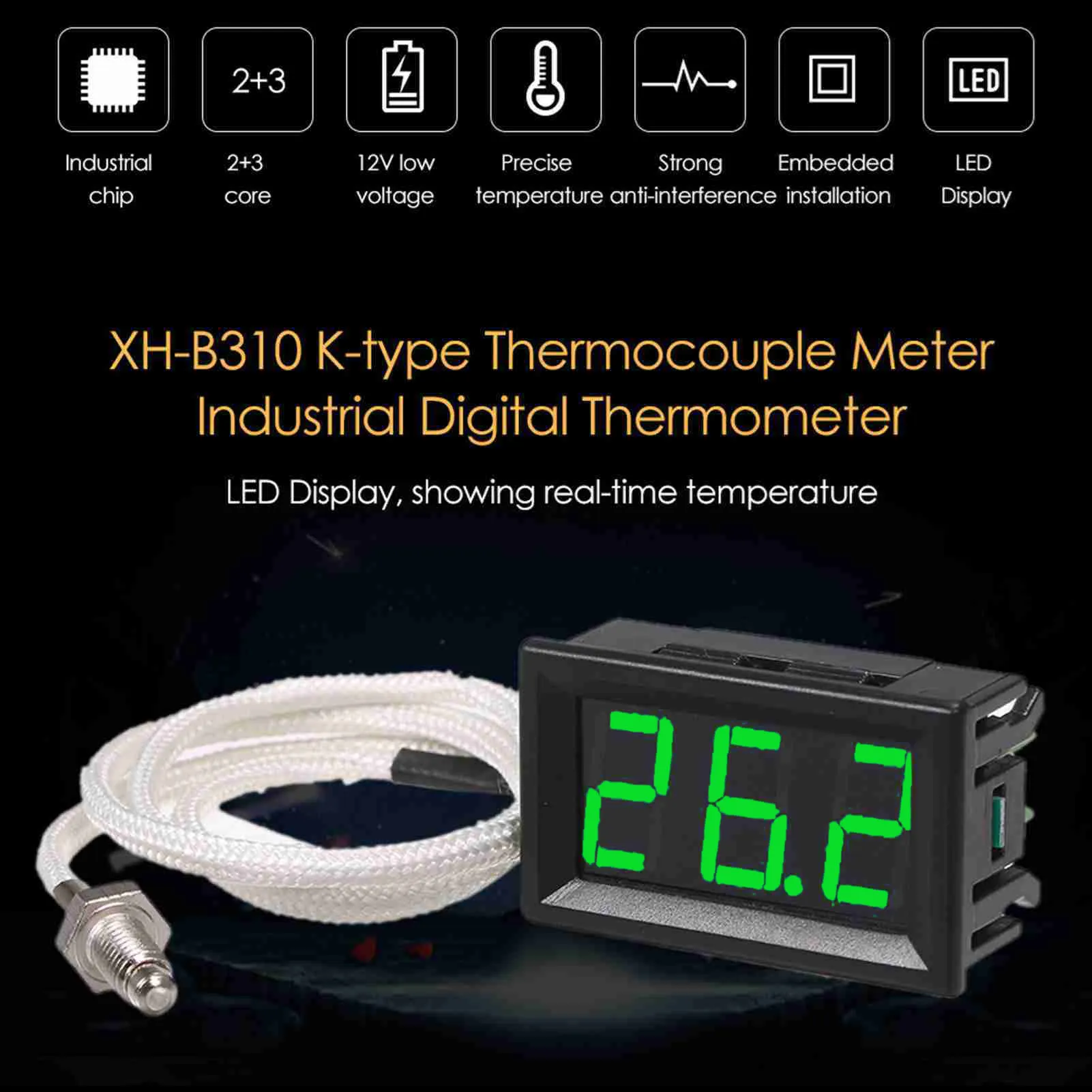 Termómetro Digital Industrial XH-B310, medidor de temperatura de 12V, probador de termopar M6 tipo K-30 ~ 800 ℃   Termógrafo de alta precisión