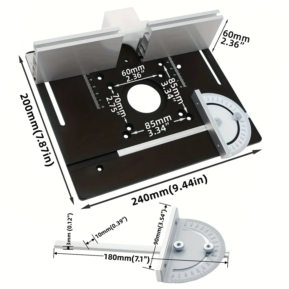 Scheda di inserti da tavolo per router in alluminio, scheda ribaltabile per router da banco per la lavorazione del legno con binario di guida angolato, staffa scorrevole per recinzione in alluminio