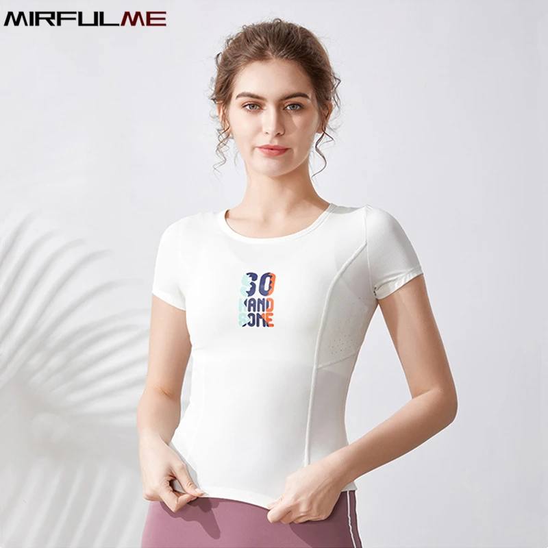 Summer Women Slim Yoga Shirts Letter Printed Short Sleeves T-shirts Gym Fitness Tees Breathable Sport Tops Running Blouse Female