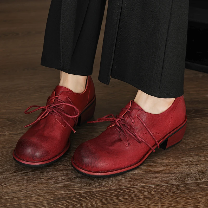 Woman Shoes Thick Heeled Simple Shoes Horsehide Woman Quality Oxfords Spring Autumn Retro Loafers Lace-Up British Style Footwear