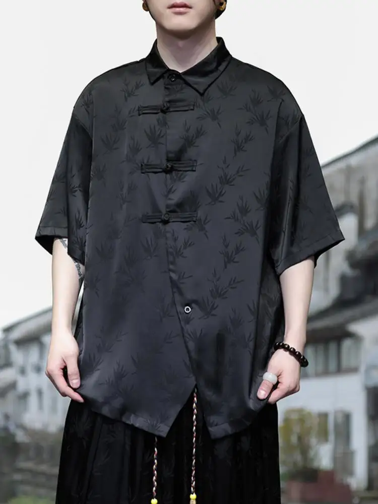 

New Chinese Style Ice Silk Shirt Men's Short Sleeve Summer Vintage Embroidery Top Improved Tang Costume Hanfu Thin