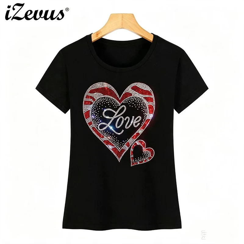 Hot Selling High-Quality Hot Diamond Women's Short-Sleeved Leisure T-Shirts Creative Love Flash Diamond T-Shirts