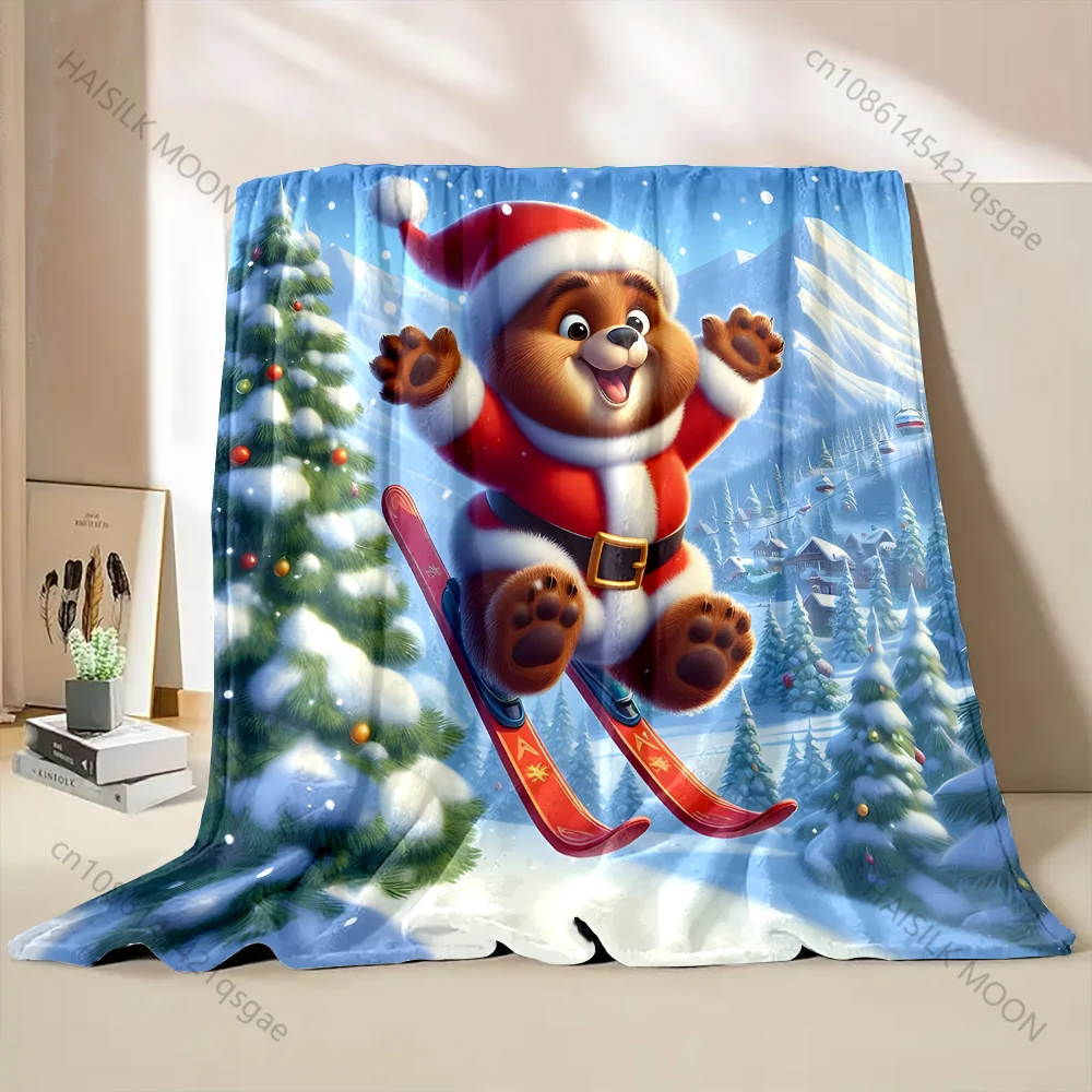 Festive Bear Skiing in Snow Pattern Blanket Flannel Material Soft Warm for All Seasons, Home Outdoor Camping Picnics RV