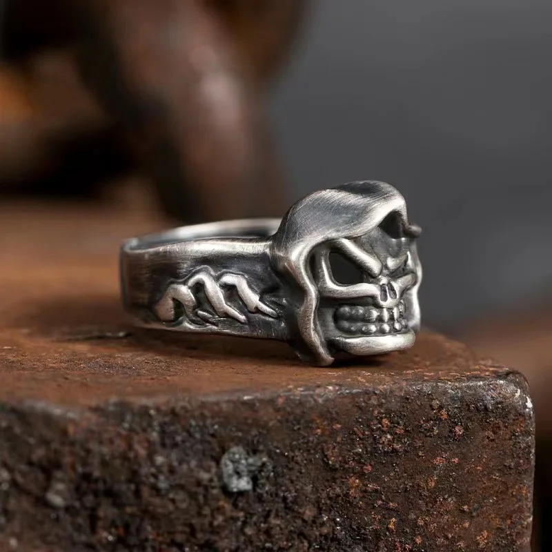 Vintage Gothic Grim Reaper Rings for Women Men Demon Hooded Skull Titanium Silver Color Hip Hop Rock Fashion Jewelry Gifts