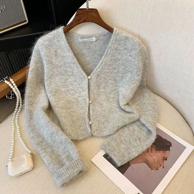 

Vintage Korean Y2k Women Beige Cardigan Sweater Harajuku Long Sleeves V-Neck Cashmere Sweaters Women Jumper Clothes Autumn