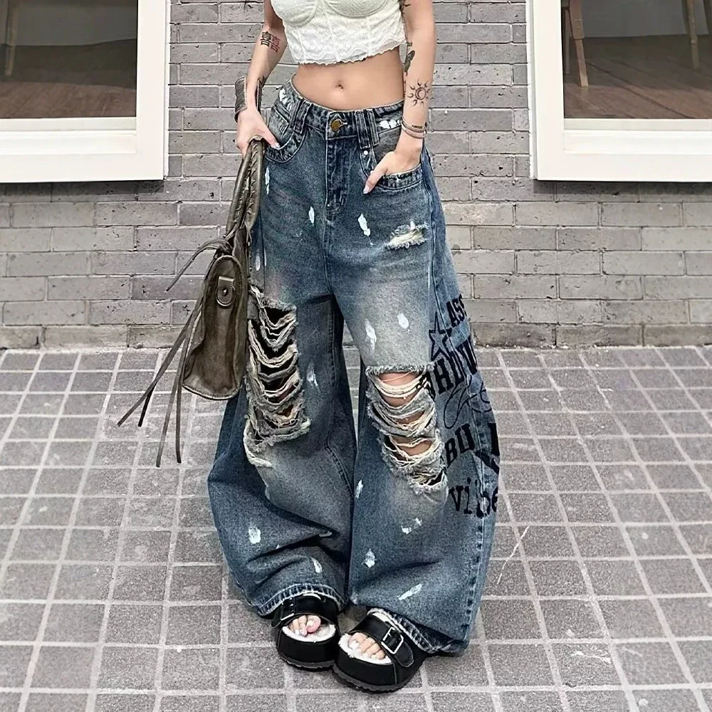 American Style Spicy Girl Design Ripped Jeans Women's Summer Retro Hip-hop Letter Printed Pants