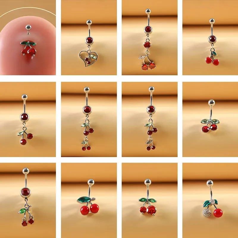 

1pc 316L Surgical Steel Plated 18K Gold Cherry Belly Button Ring for women Body Belly Piercing Fruit Navel Belly Button Rings