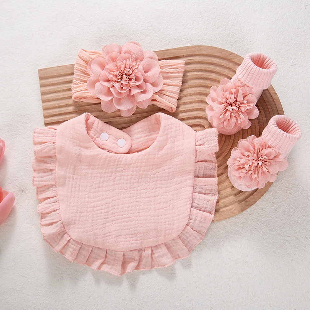 4Pcs/Set 0-12M Baby Girls Flower Short Socks Anti-slip Stockings Elastic Braid Wide Headbands Thicken Bibs Feeding Burp Cloths