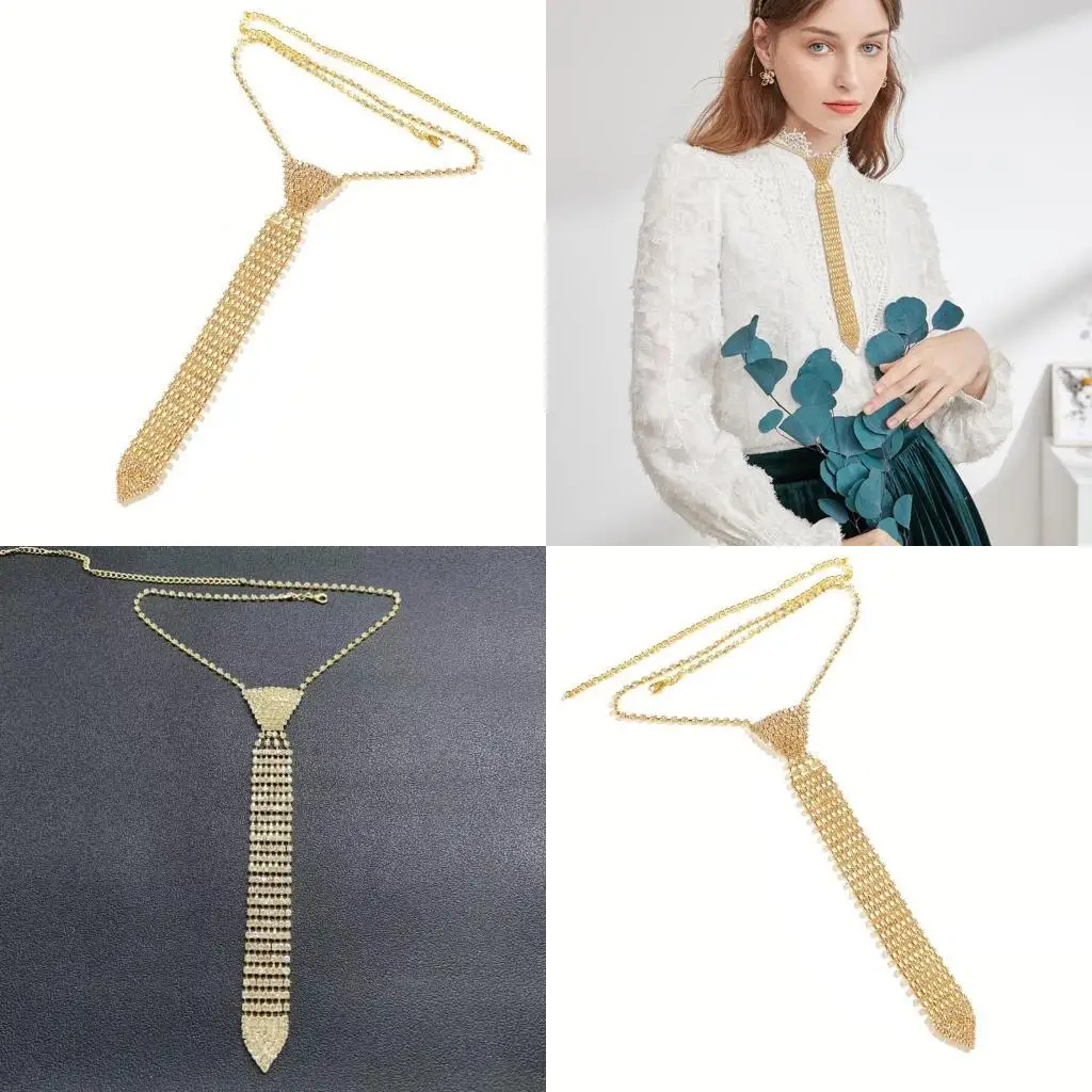 

652F Punk Necktie Necklace with Shimmering Rhinestones for Fashion Enthusiasts Crystal Necklace for Weddings and Parties