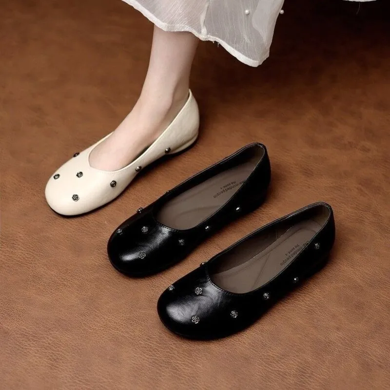 Black Rivet Fashion Mary Jane Flat Bottom Women's Shoes Spring Summer New Style True Cowhide Slip-On Casual Comfortable Footwear