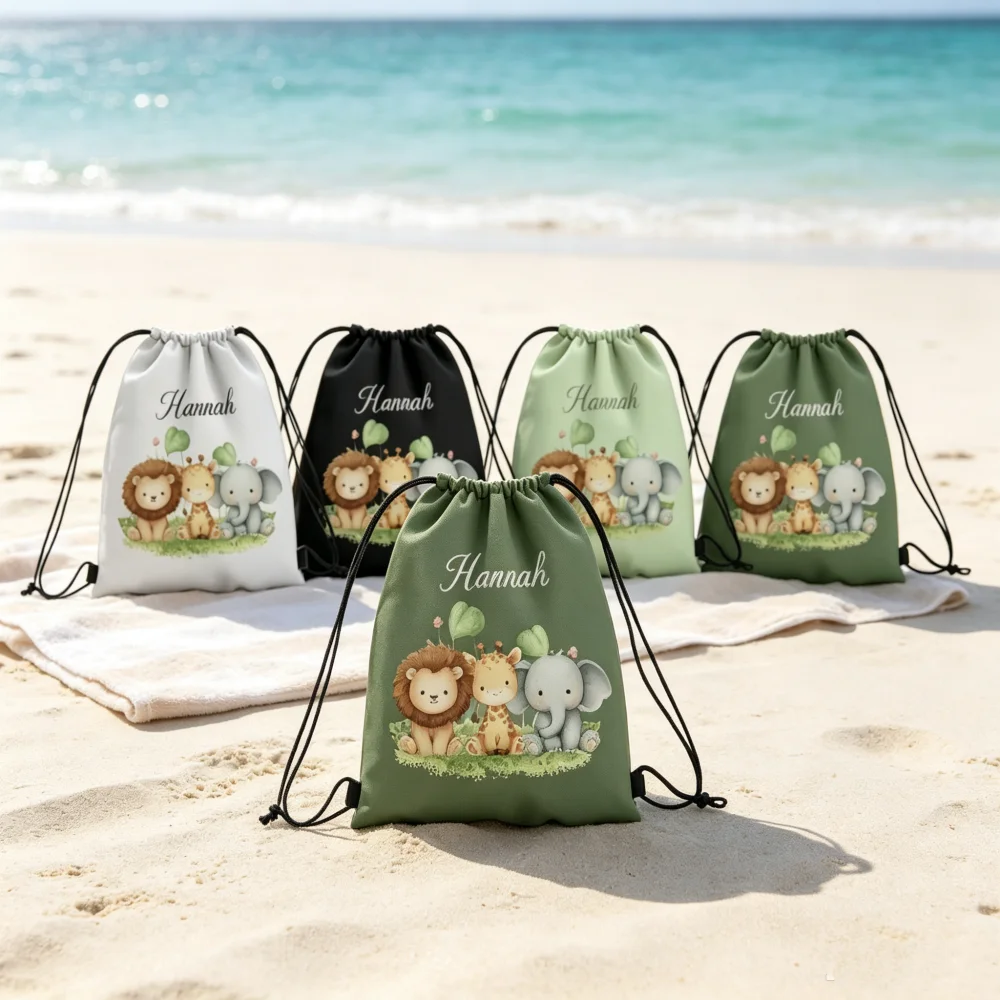 1Pc Custom Name/Text Drawstring Bag, Cute Cartoon Animal Pattern Storage Pouch, Lightweight Travel Sports Backpack, Holiday Gift