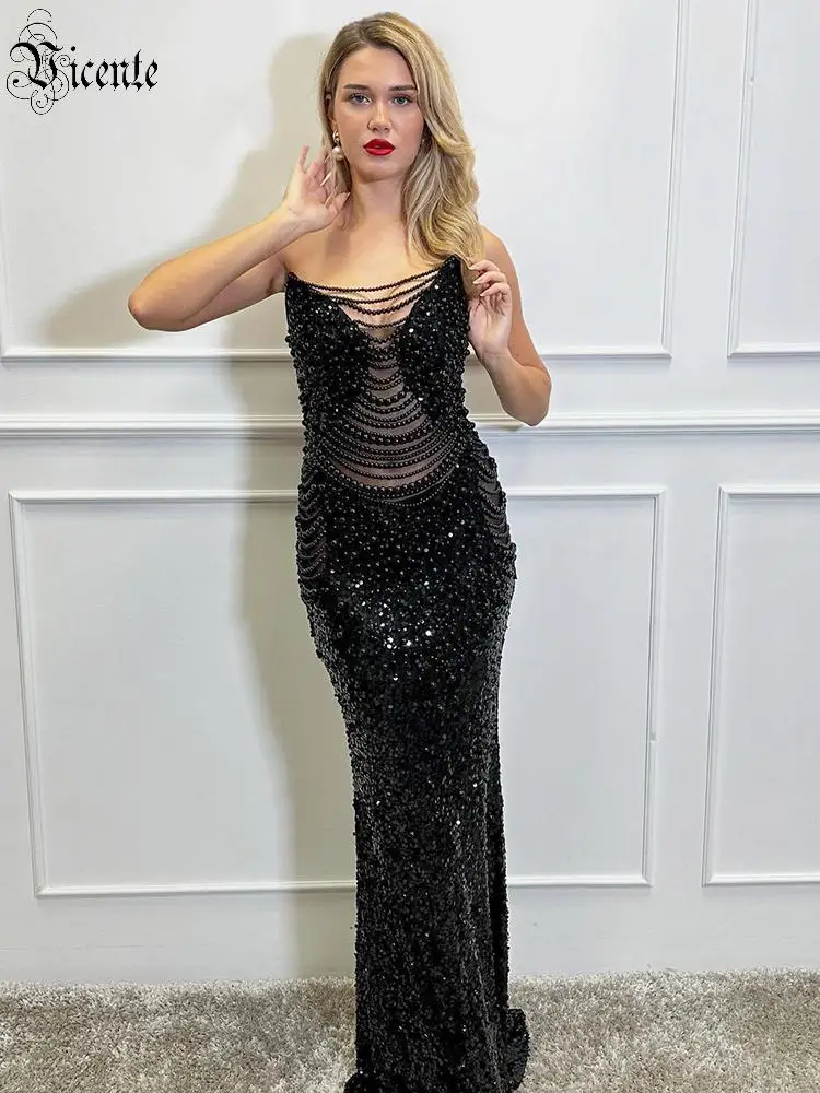 Sukienka maxi syrenka bez ramiączek z cekinami i koralikami, z wycięciami, idealna na imprezę lub galę, w stylu VC Fashion.
