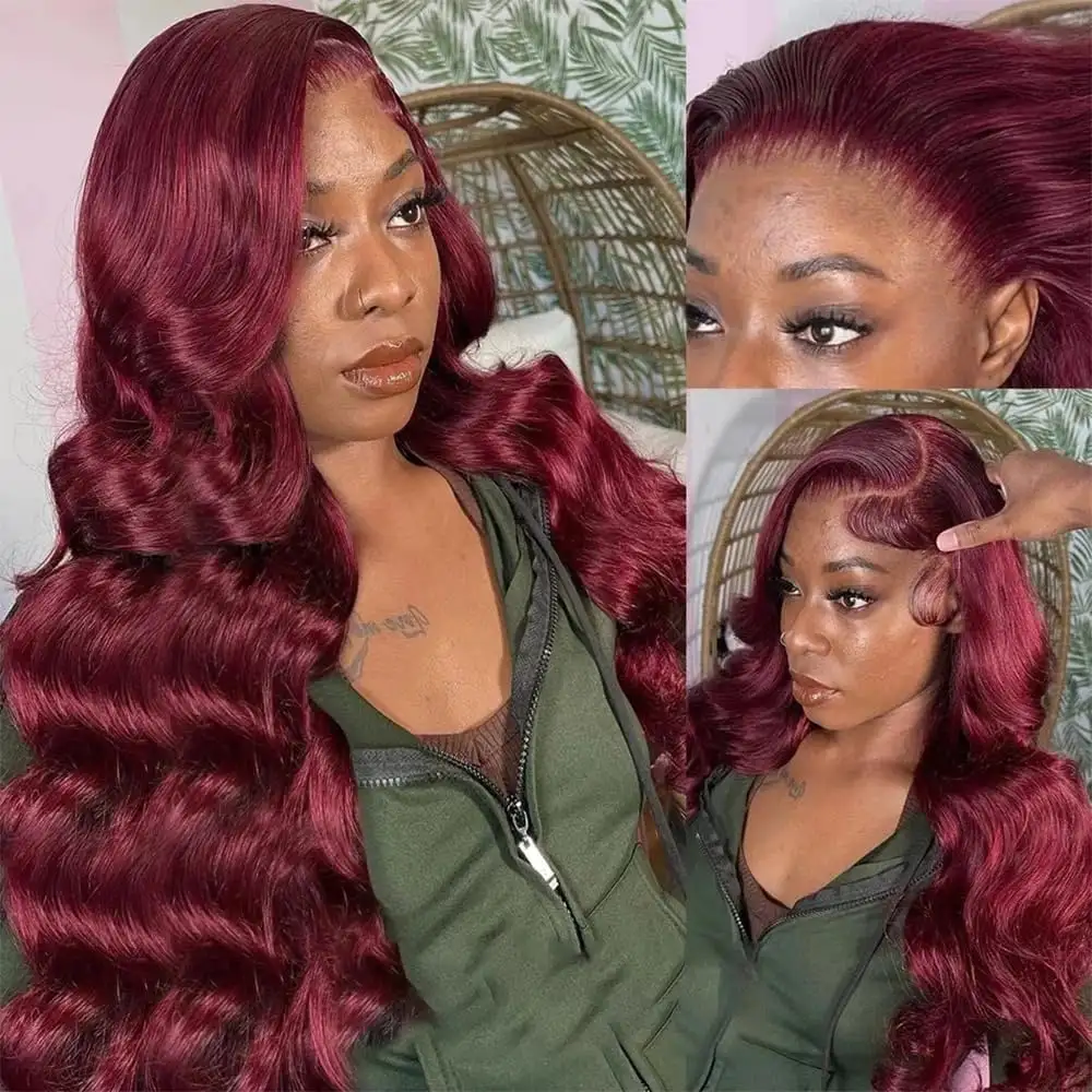 28 Inch 99J Burgundy Body Wave Human Hair 13x4 HD Transparent Lace Front Wigs 250 Density Pre Plucked 99j Burgundy Red Wine Human Hair Wigs For Women Wedding Party Christmas Daily Use - view 3