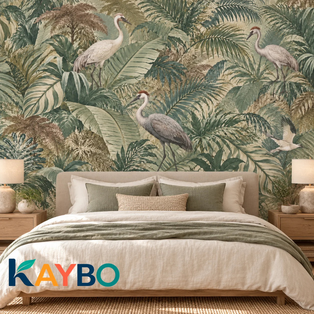 Tropical Wallpaper Mural Non Self Adhesive Crane Bird Fern Leaf Lush Botanical Jungle Decor for Living Room Bedroom Feature Wall