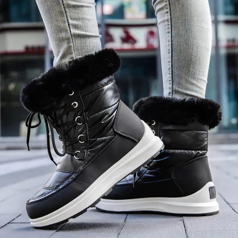 Women Winter Boots Waterproof Lace-Up Thicken Plush Winter Footwear Fashion Non Slip Warm Cotton Platform Ankle Boots Zapatos