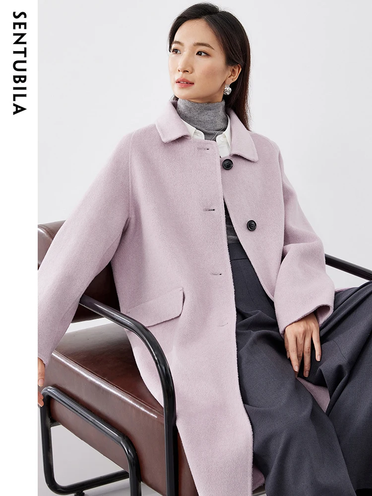 SENTUBILA Winter 100% Wool Long Coat for Women 2024 Simple Comfortable Warm Lapel Double-faced Woolen Over Coat W34O49911