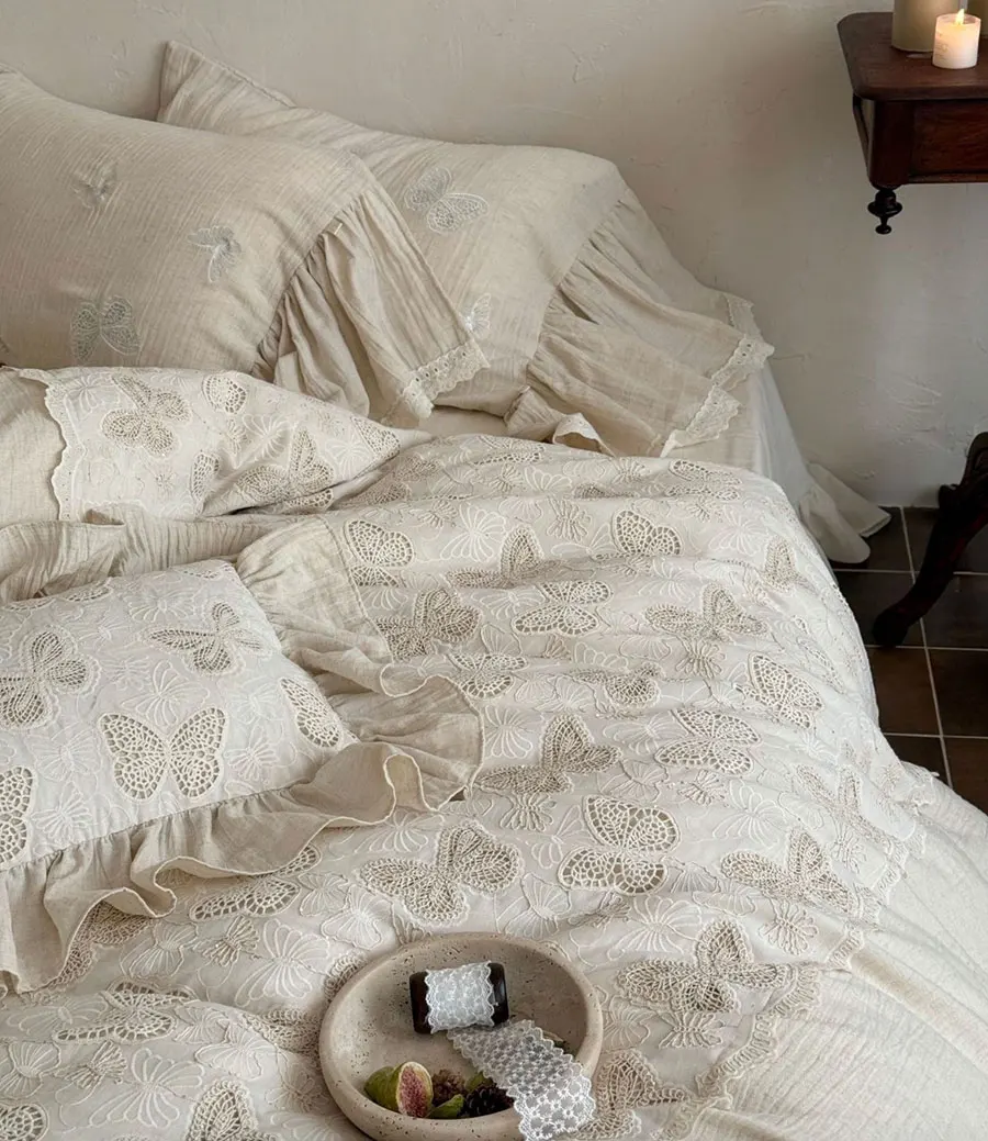 

Romantic vintage butterfly bedding set double,full queen king pink linen cotton home textile flat sheet pillow case quilt cover