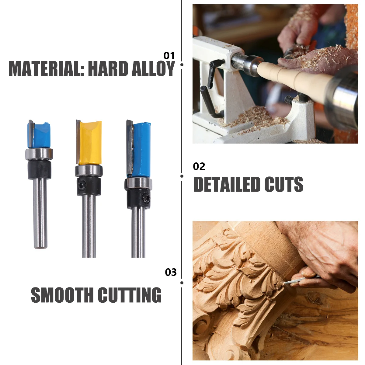 ชุดดอกเราเตอร์ตัดแต่งขอบ 3 ชิ้น ขนาด 1/4 นิ้ว สำหรับงานกัดไม้ เครื่องมือช่างไม้ ตัดเรียบ ทนทาน แข็งแรง เคลือบผิวอย่างดี