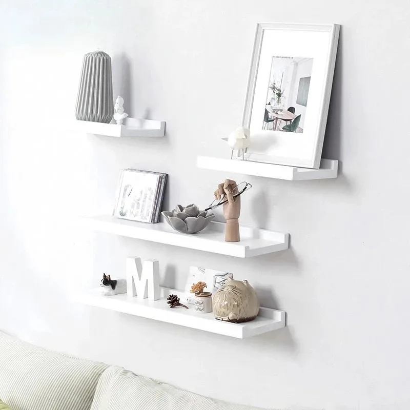 Floating Shelves Wall Mounted, White Solid Wood Drill Hanging Shelf, Storage Rack for Living Room, Bedroom, Study, Entrance