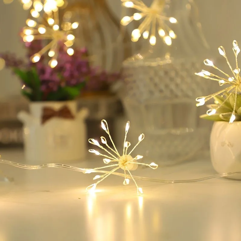 Solar Lights Outdoor Waterproof，Warm White LED Flower Hanging Decor Lights Starburst Fireworks Fairy Copper wire String Light